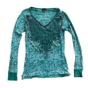 Daytrip Teal Y2K Burnout Graphic Long Sleeve V-Neck Embellished Top S
